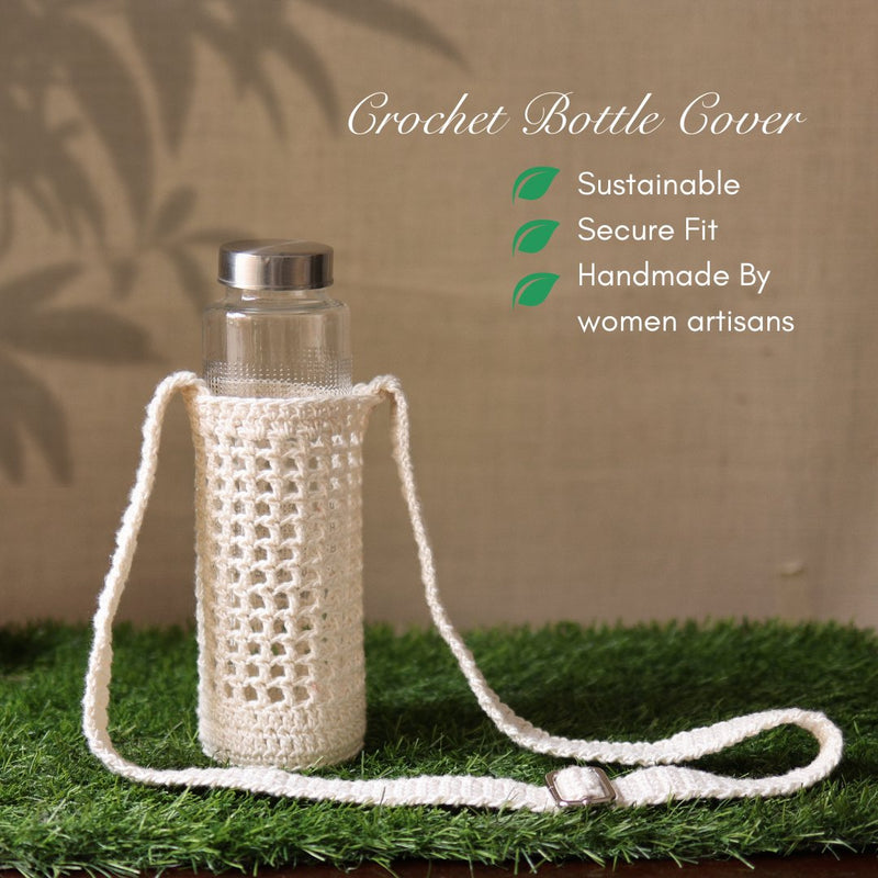 White Handmade Crochet Sling Bottle Cover | Verified Sustainable Bottles & Sippers on Brown Living™