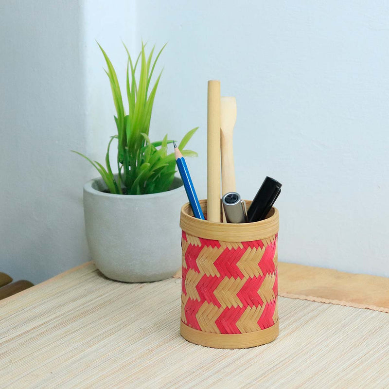 Bamboo Weave Pen Stand - Pink