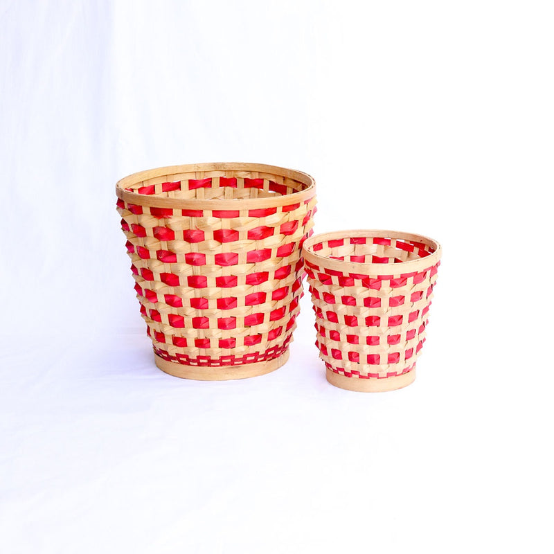 Bamboo Raised Weave Planter - Red - Set of 2