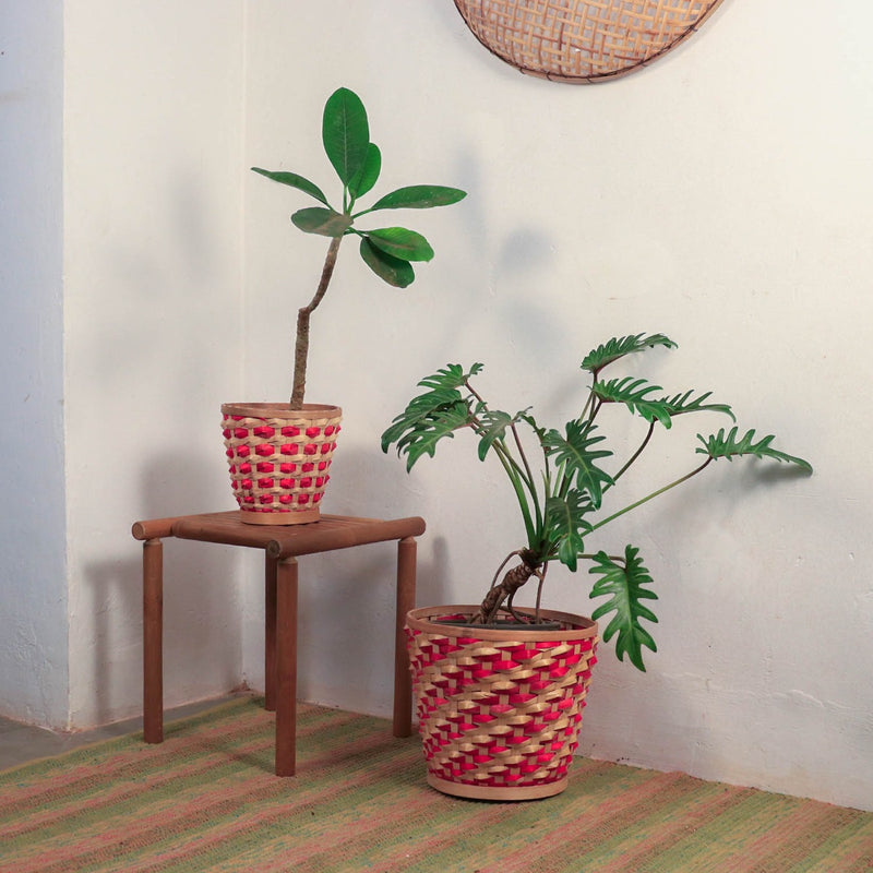 Bamboo Raised Weave Planter - Red - Set of 2