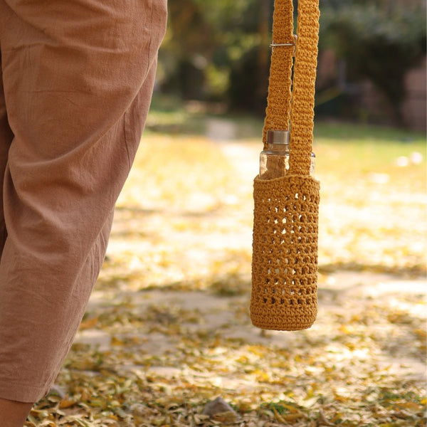 Yellow Handmade Crochet Sling Bottle Cover | Verified Sustainable Bottles & Sippers on Brown Living™