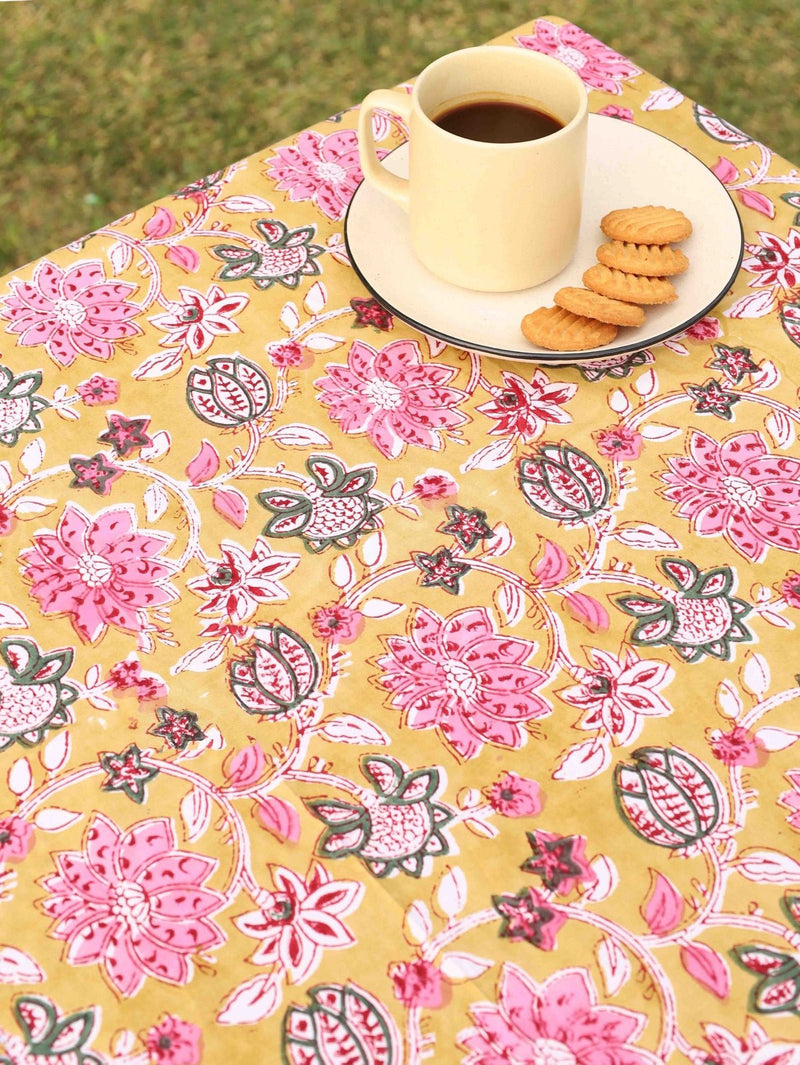 Yellow Ochre Organic Cotton Table Cover - Indian Floral Design | Verified Sustainable Table Linens on Brown Living™