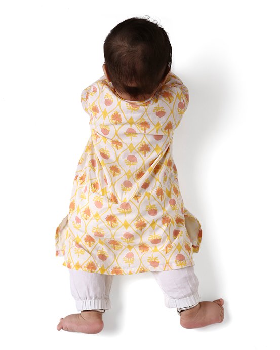 Zahra - Handblock Printed Infant Kurta with Attached Pyjama (Onesie) | Verified Sustainable Kids Ethnic Sets on Brown Living™