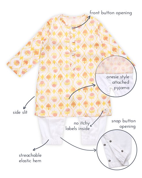 Zahra - Handblock Printed Infant Kurta with Attached Pyjama (Onesie) | Verified Sustainable Kids Ethnic Sets on Brown Living™