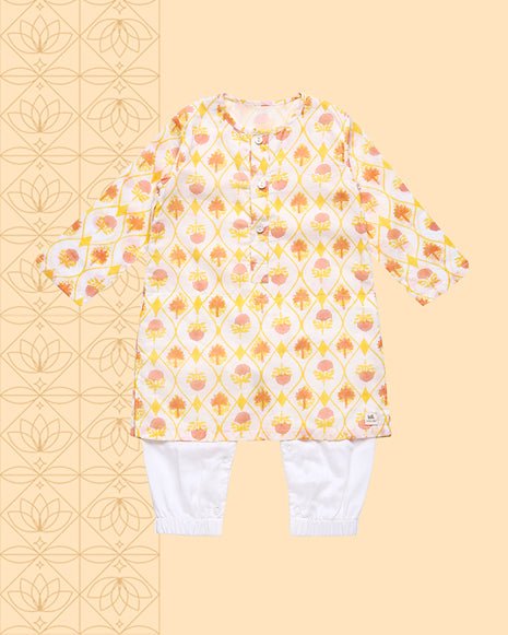 Zahra - Handblock Printed Infant Kurta with Attached Pyjama (Onesie) | Verified Sustainable Kids Ethnic Sets on Brown Living™