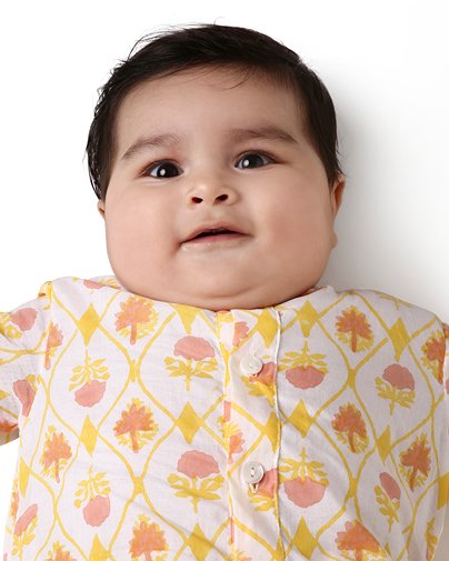 Zahra - Handblock Printed Infant Kurta with Attached Pyjama (Onesie) | Verified Sustainable Kids Ethnic Sets on Brown Living™