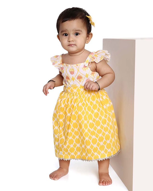 Zahra - Handblock Printed Infant Onesie with Detachable Lehenga Skirt and Matching Clips | Verified Sustainable Kids Ethnic Sets on Brown Living™