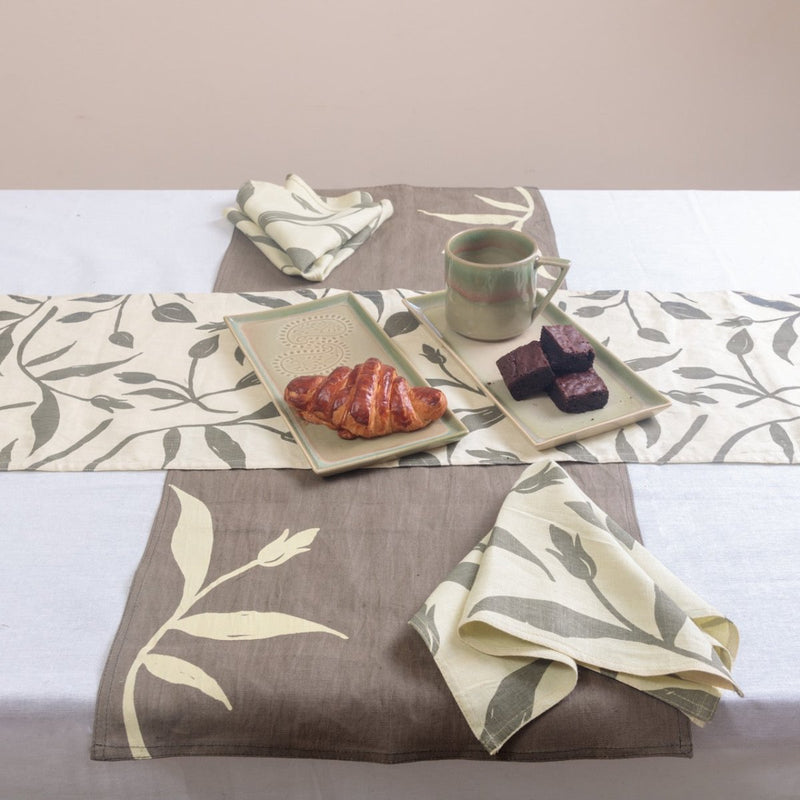 Buy 100% Hemp Screen Printed Table Runner | Light Green and Olive | Shop Verified Sustainable Table Linens on Brown Living™