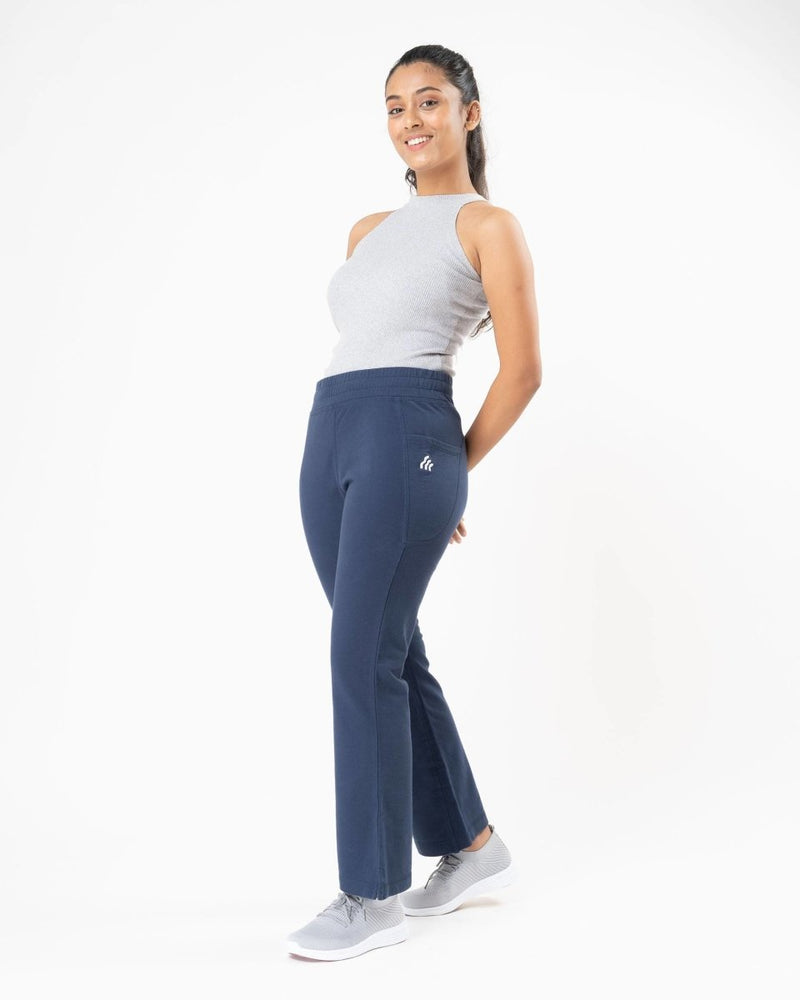 Buy 100% Organic Cotton Blue Flared Bottom Athleisure Pant For Women | Shop Verified Sustainable Womens Pants on Brown Living™