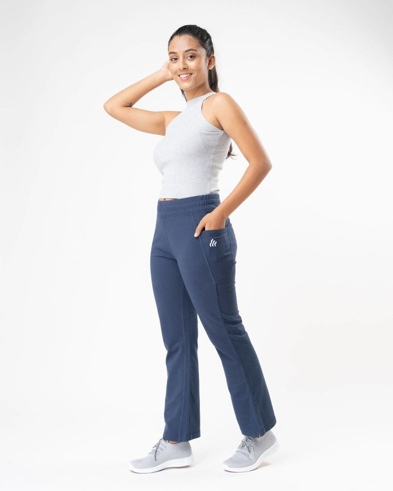 Buy 100% Organic Cotton Blue Flared Bottom Athleisure Pant For Women | Shop Verified Sustainable Womens Pants on Brown Living™