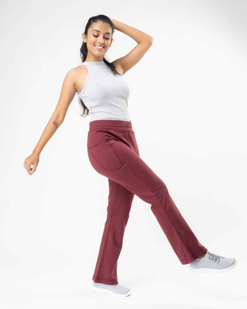 Buy 100% Organic Cotton Maroon Flared Bottom Athleisure Pant For Women | Shop Verified Sustainable Womens Pants on Brown Living™