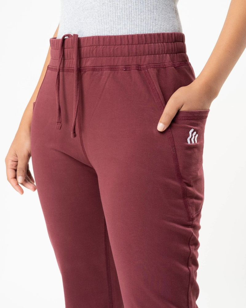 Buy 100% Organic Cotton Maroon Flared Bottom Athleisure Pant For Women | Shop Verified Sustainable Womens Pants on Brown Living™