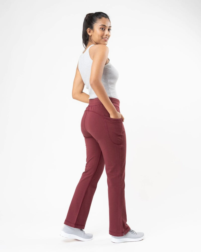 Buy 100% Organic Cotton Maroon Flared Bottom Athleisure Pant For Women | Shop Verified Sustainable Womens Pants on Brown Living™