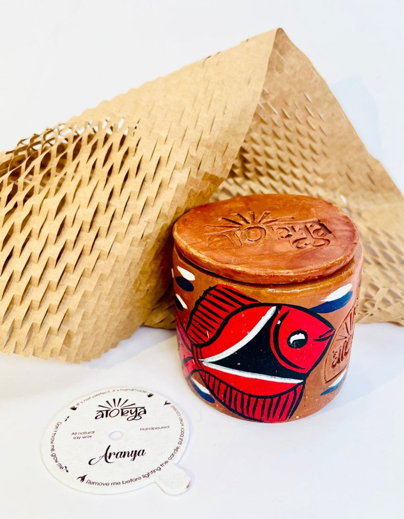 Buy Aranya Scented Soy Wax Candle | Folk art on Terracotta jar | Shop Verified Sustainable Candles & Fragrances on Brown Living™