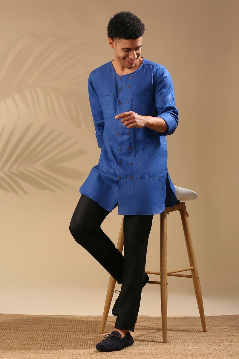 Buy Ashoka Double Breasted Kurta - Blue | Shop Verified Sustainable Mens Kurta on Brown Living™