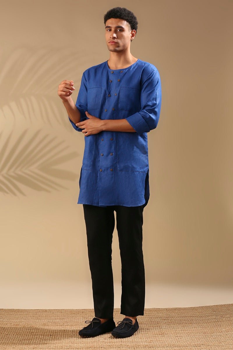 Buy Ashoka Double Breasted Kurta - Blue | Shop Verified Sustainable Mens Kurta on Brown Living™