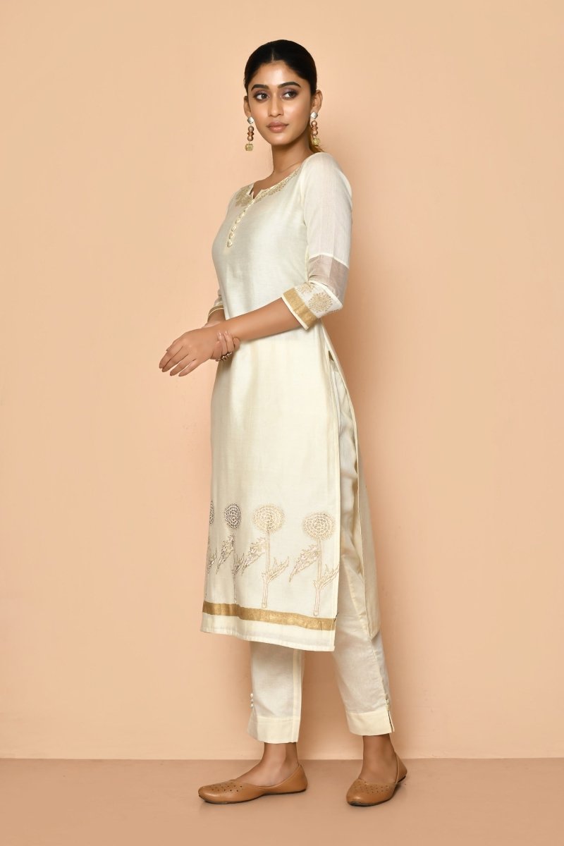 Buy Ayoola Flora Ivory Handloom Maheshwari Silk Kurta Set | Shop Verified Sustainable Womens Kurta on Brown Living™