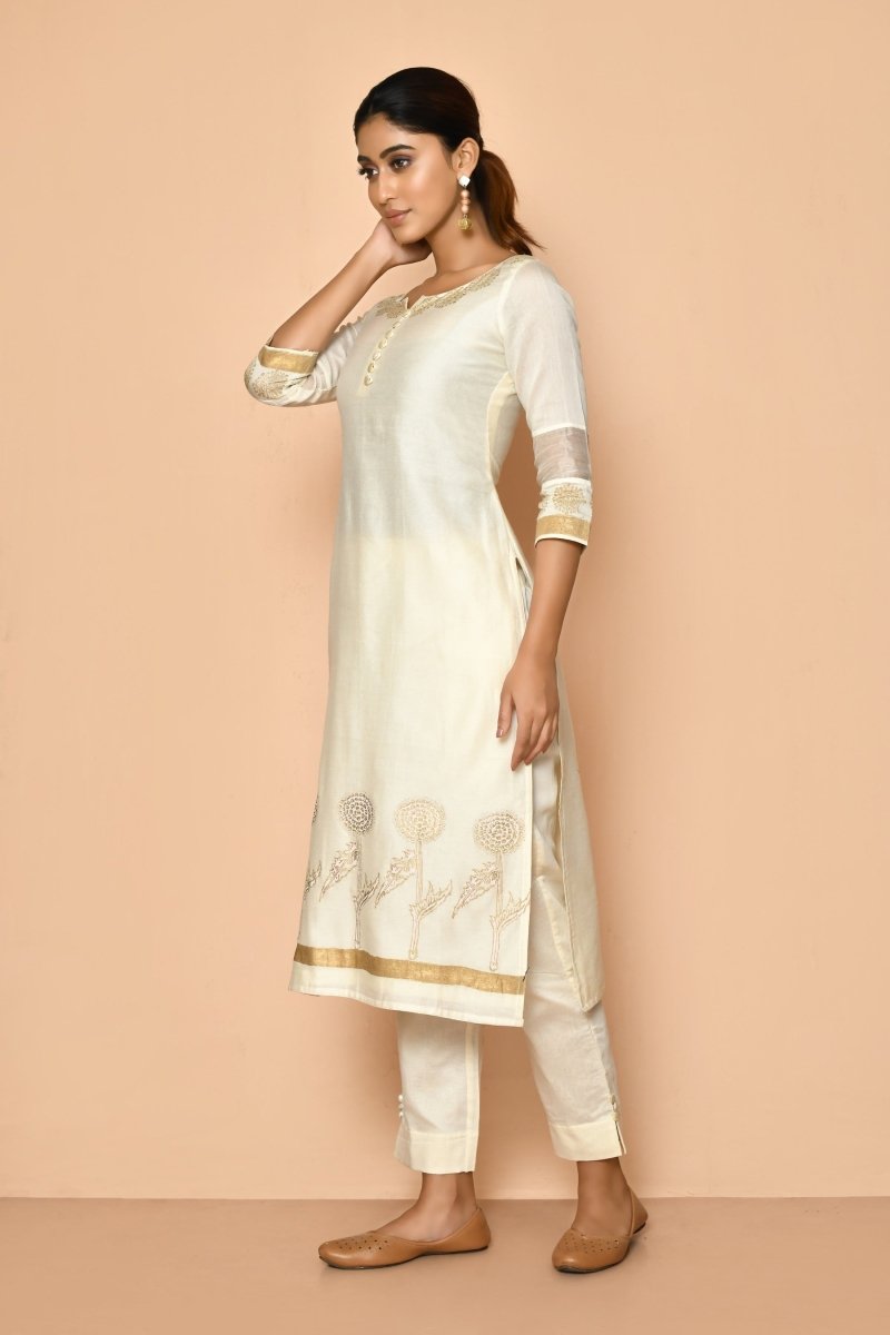 Buy Ayoola Flora Ivory Handloom Maheshwari Silk Kurta Set | Shop Verified Sustainable Womens Kurta on Brown Living™