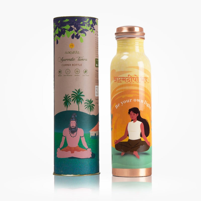 Buy Ayurvedic Copper Bottle with Yogic & Ethnic Indian Artwork - Orange Light | Shop Verified Sustainable Bottles & Sippers on Brown Living™