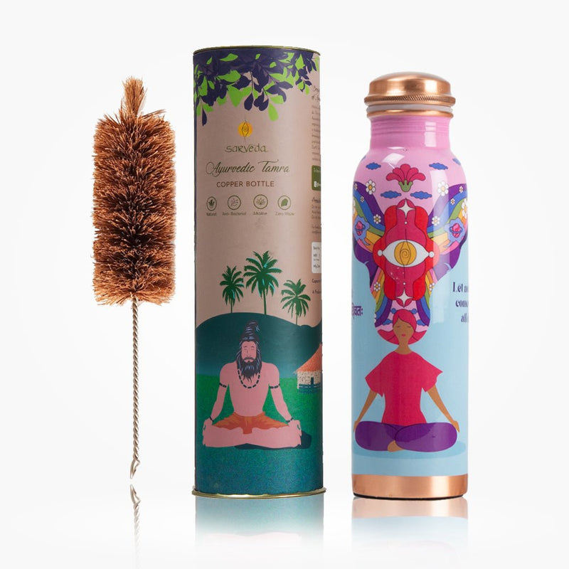 Buy Ayurvedic Copper Bottle with Yogic & Ethnic Indian Artwork - Pink Noble Thoughts | Shop Verified Sustainable Bottles & Sippers on Brown Living™