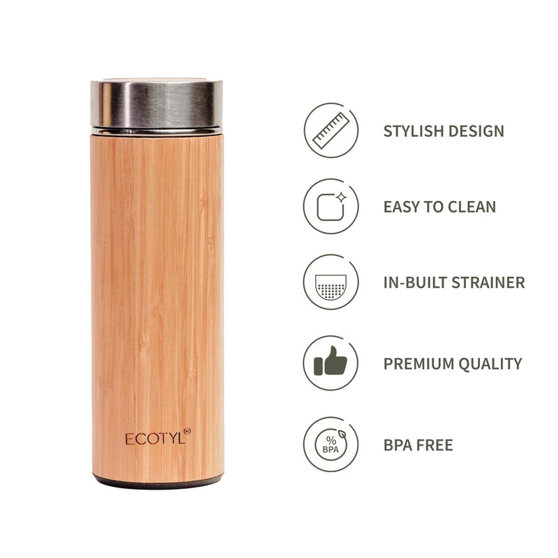 Buy Bamboo Stainless Steel Insulated Flask With Strainer - 450 ml | Shop Verified Sustainable Bottles & Sippers on Brown Living™