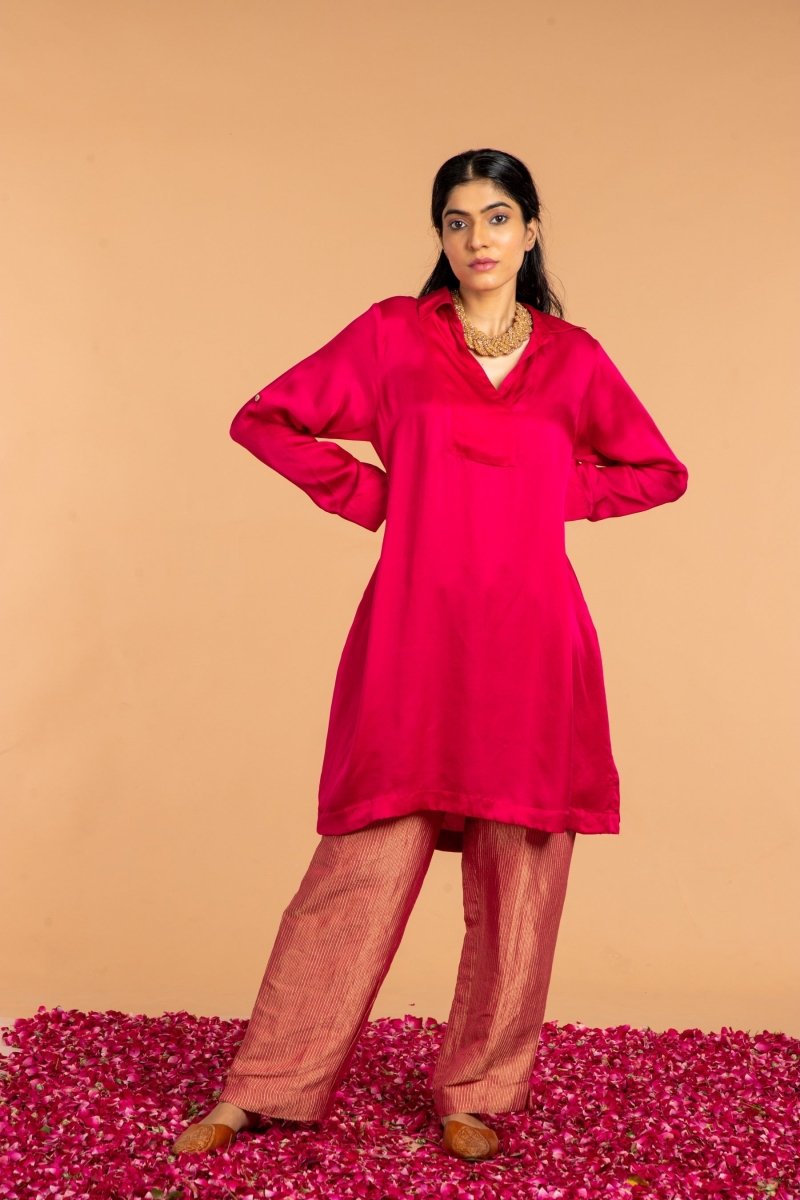 Buy Basic Collared Modal Satin Kurta | Shop Verified Sustainable Products on Brown Living