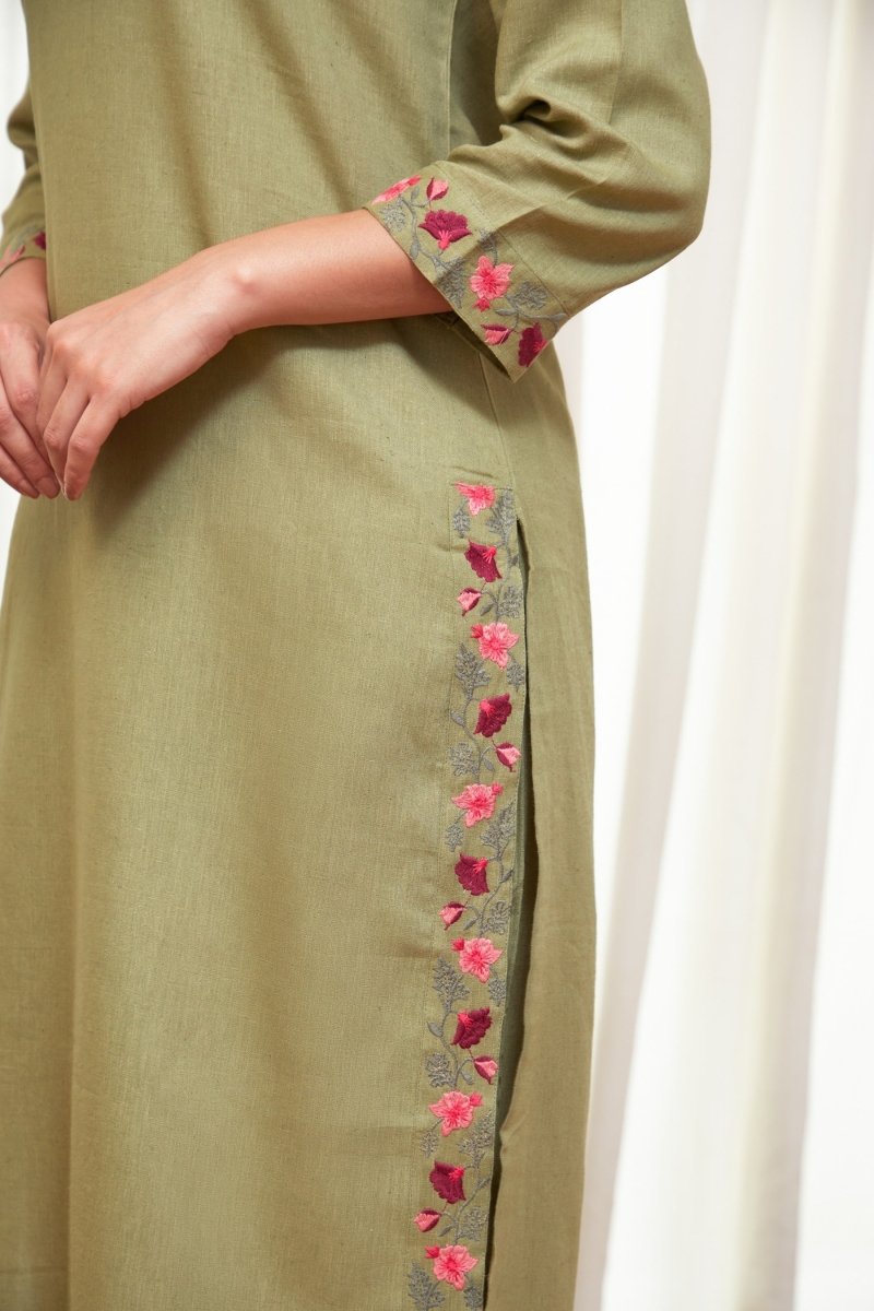 Bay Leaf Green Linen Kurta with Farshi Pants | Verified Sustainable Womens Kurta on Brown Living™