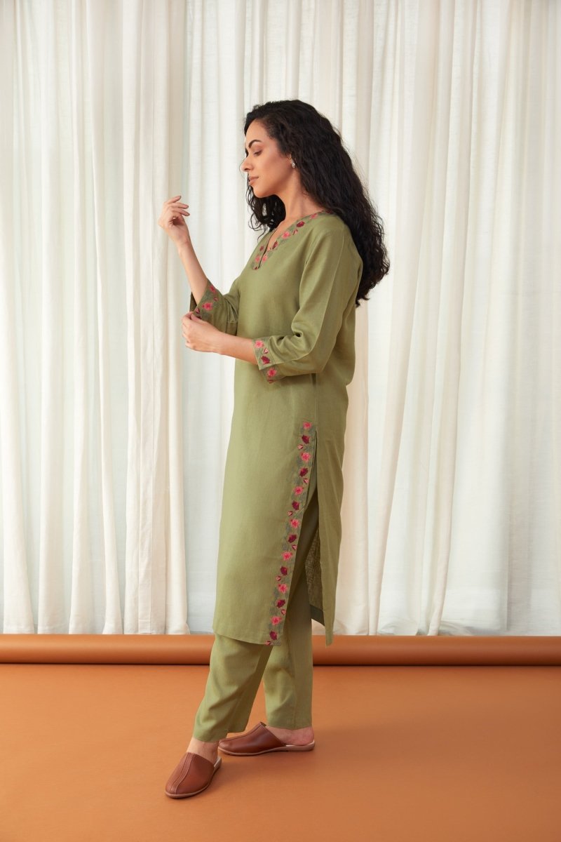 Bay Leaf Green Linen Kurta with Farshi Pants | Verified Sustainable Womens Kurta on Brown Living™