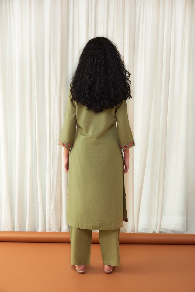 Bay Leaf Green Linen Kurta with Farshi Pants | Verified Sustainable Womens Kurta on Brown Living™