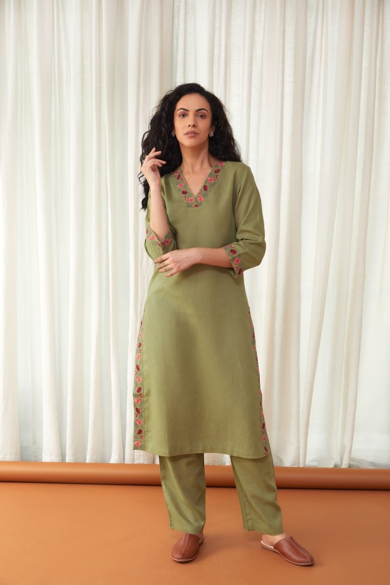 Bay Leaf Green Linen Kurta with Farshi Pants | Verified Sustainable Womens Kurta on Brown Living™