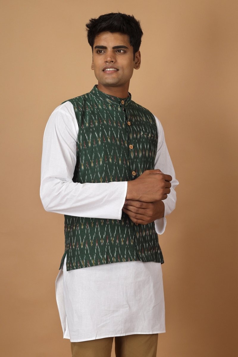 Buy Bhor Ikat Mens Nehru Cotton Jacket | Shop Verified Sustainable Mens Jacket on Brown Living™