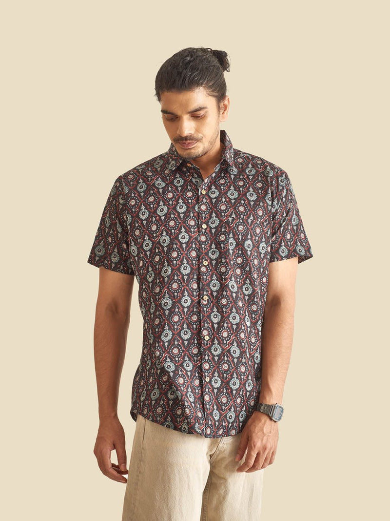 Buy Black Ethnic Printed Festive Halfsleeves Cotton Shirt | Shop Verified Sustainable Mens Shirt on Brown Living™