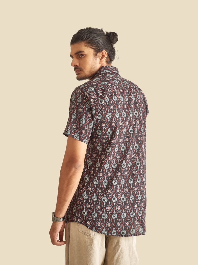 Buy Black Ethnic Printed Festive Halfsleeves Cotton Shirt | Shop Verified Sustainable Mens Shirt on Brown Living™