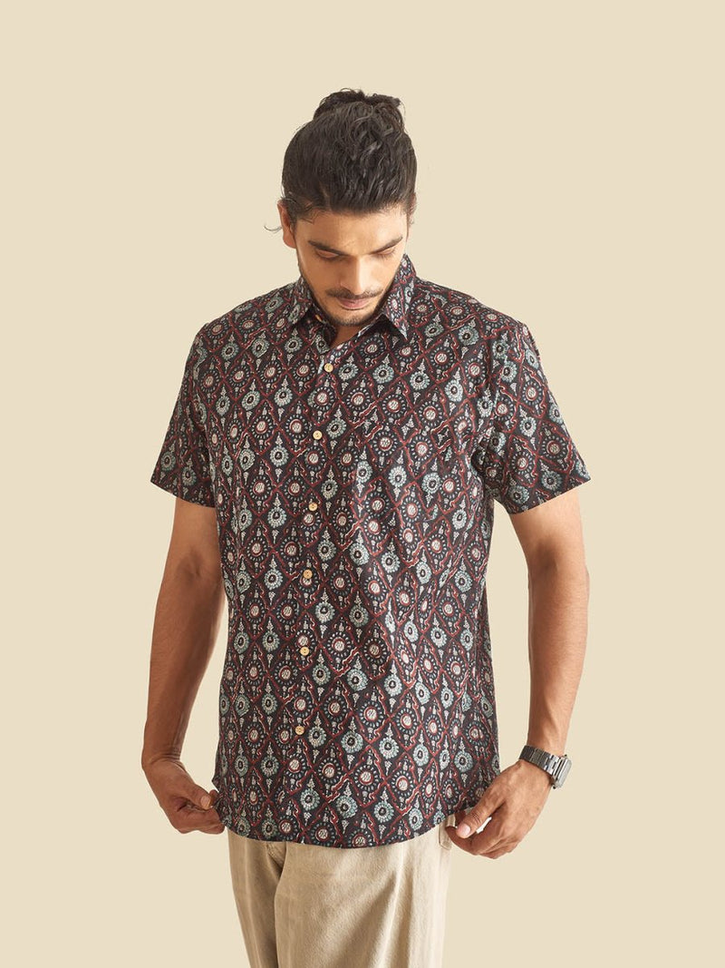 Buy Black Ethnic Printed Festive Halfsleeves Cotton Shirt | Shop Verified Sustainable Mens Shirt on Brown Living™