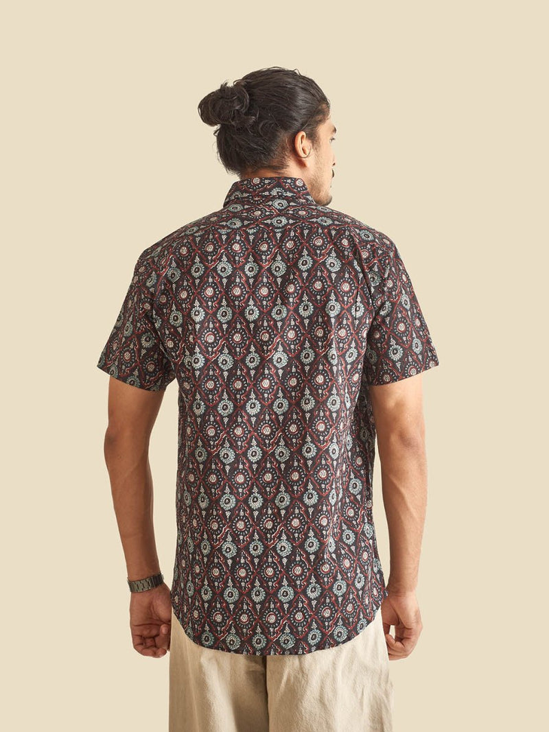 Buy Black Ethnic Printed Festive Halfsleeves Cotton Shirt | Shop Verified Sustainable Mens Shirt on Brown Living™