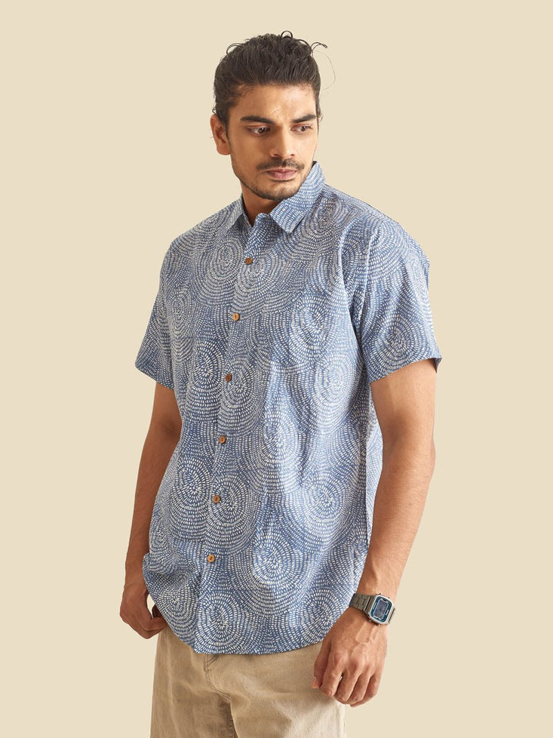 Buy Blue Abstract Circles Printed Halfsleeves Cotton Shirt | Shop Verified Sustainable Mens Shirt on Brown Living™