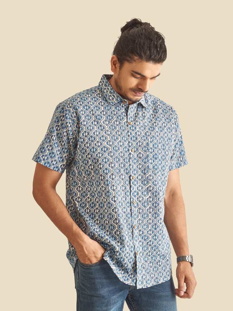 Buy Blue and White Ethnic Block Printed Holiday Halfsleeves Cotton Shirt | Shop Verified Sustainable Mens Shirt on Brown Living™