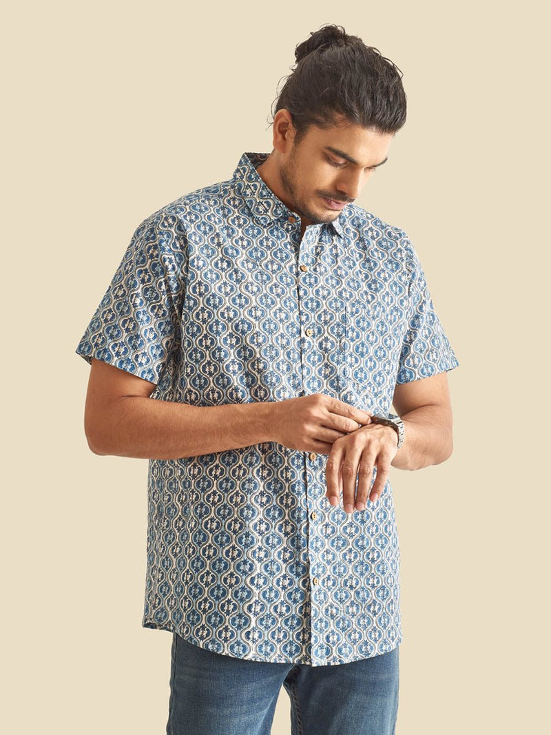 Buy Blue and White Ethnic Block Printed Holiday Halfsleeves Cotton Shirt | Shop Verified Sustainable Mens Shirt on Brown Living™