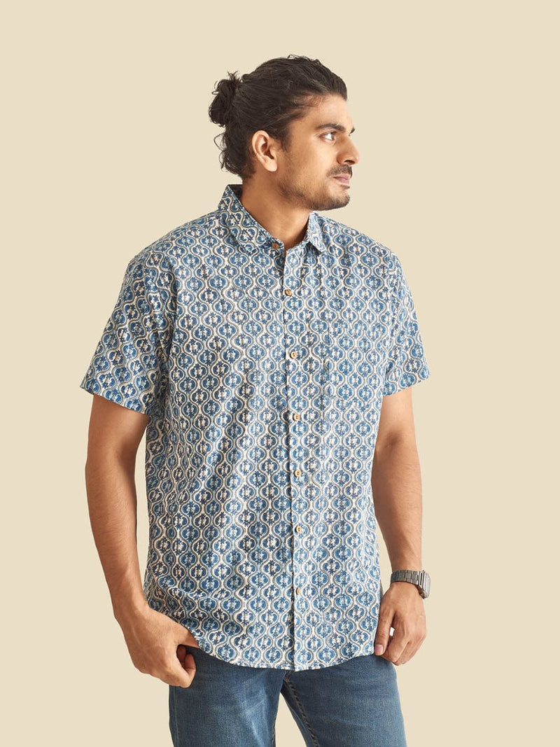 Buy Blue and White Ethnic Block Printed Holiday Halfsleeves Cotton Shirt | Shop Verified Sustainable Mens Shirt on Brown Living™