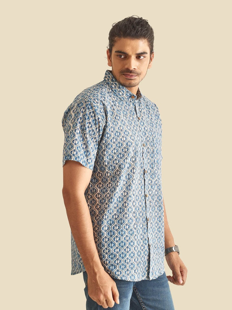 Buy Blue and White Ethnic Block Printed Holiday Halfsleeves Cotton Shirt | Shop Verified Sustainable Mens Shirt on Brown Living™