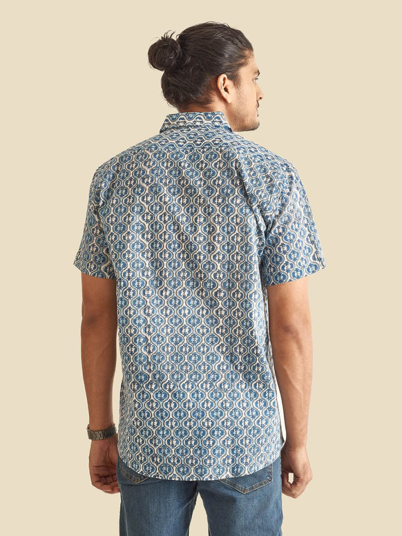 Buy Blue and White Ethnic Block Printed Holiday Halfsleeves Cotton Shirt | Shop Verified Sustainable Mens Shirt on Brown Living™