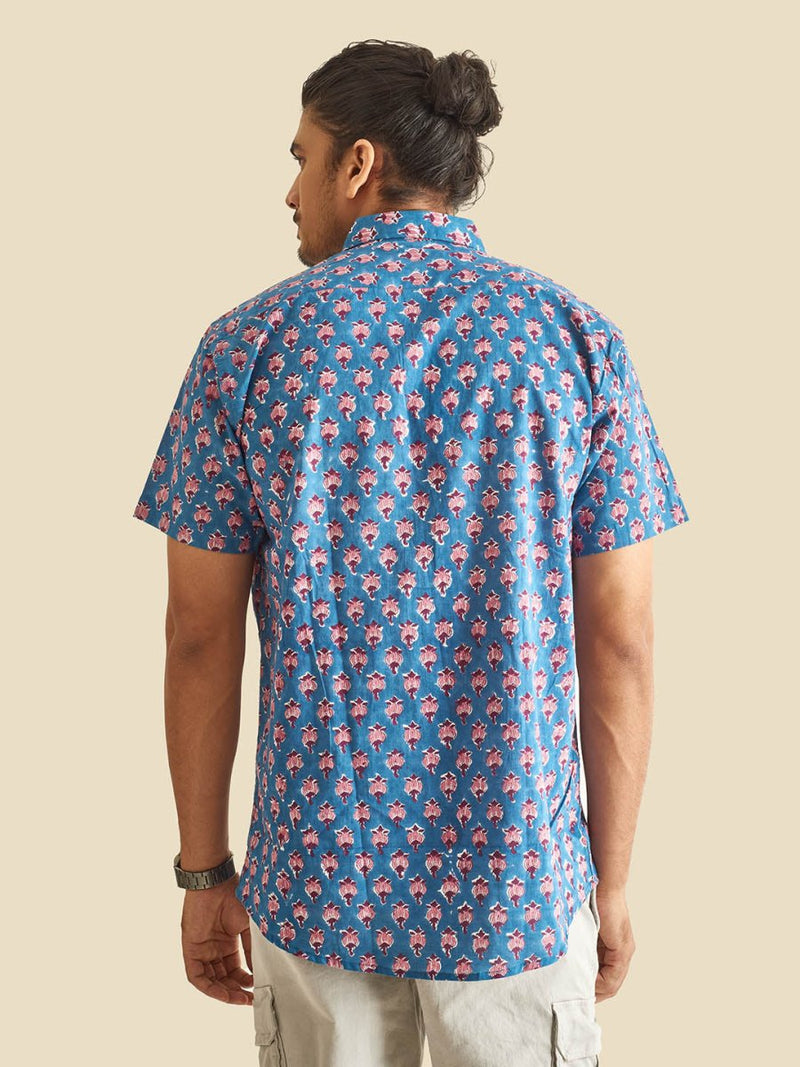 Buy Blue Floral Block Printed Halfsleeves Cotton Shirt | Shop Verified Sustainable Mens Shirt on Brown Living™