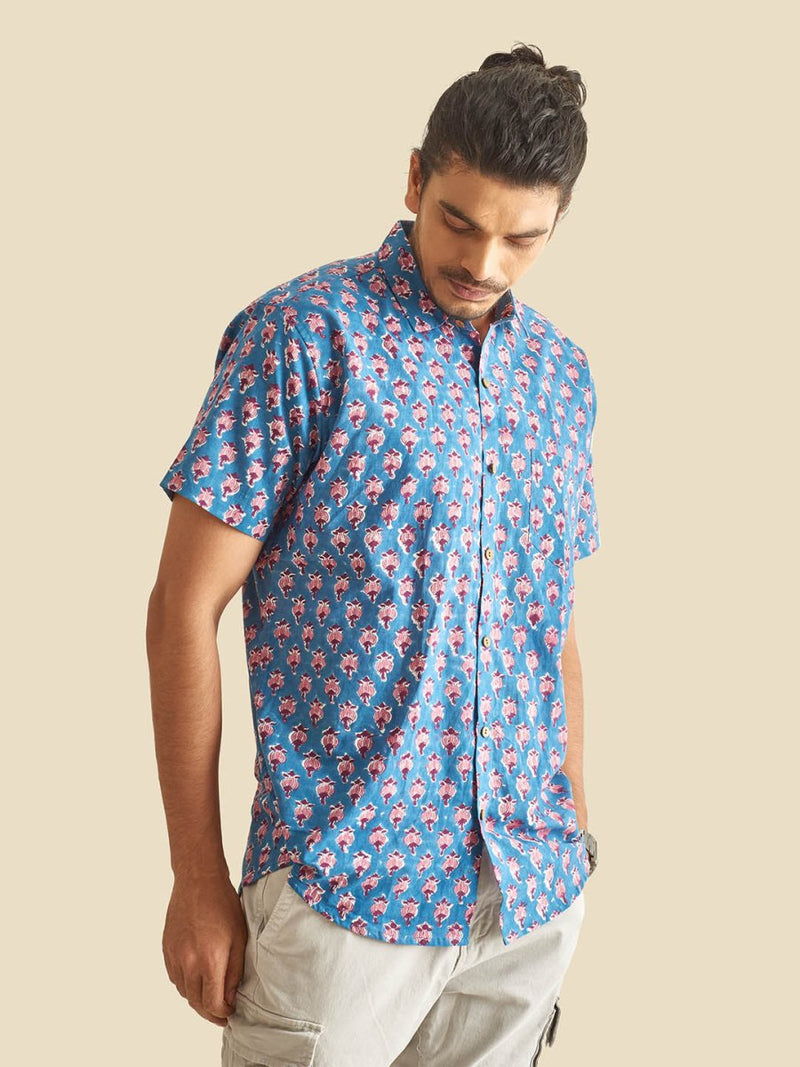 Buy Blue Floral Block Printed Halfsleeves Cotton Shirt | Shop Verified Sustainable Mens Shirt on Brown Living™