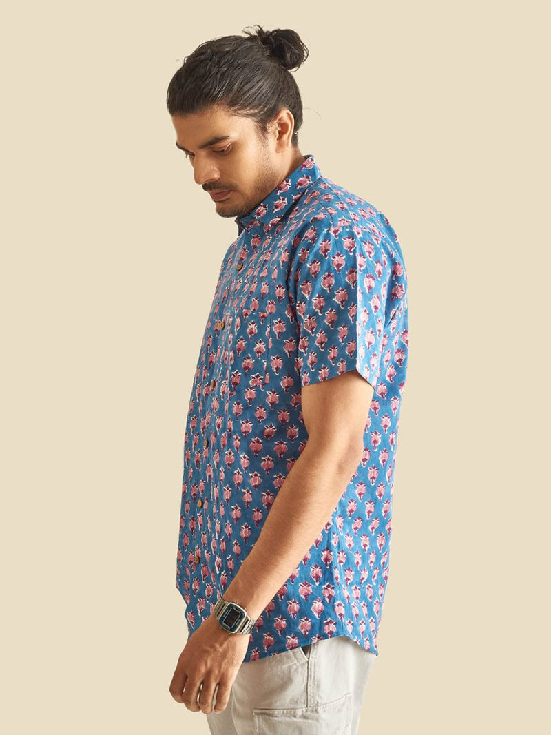 Buy Blue Floral Block Printed Halfsleeves Cotton Shirt | Shop Verified Sustainable Mens Shirt on Brown Living™