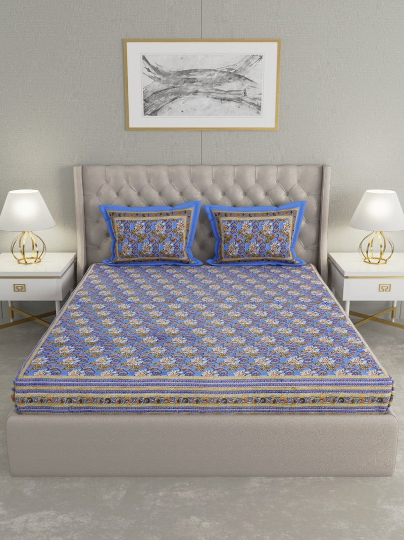 Buy Blue Floral Hand Printed Pure Cotton King Size Bedding Set | Shop Verified Sustainable Bedding on Brown Living™