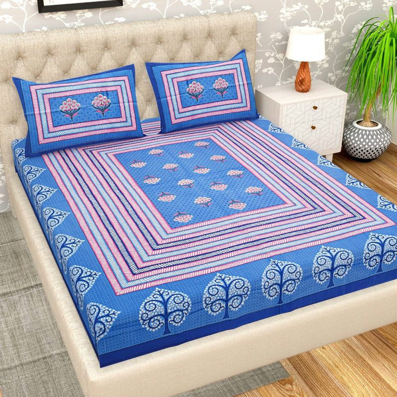 Buy Blue Jaipuri Print Pure Cotton Queen Size Bedsheet with 2 Pillow Covers | Shop Verified Sustainable Bedding on Brown Living™