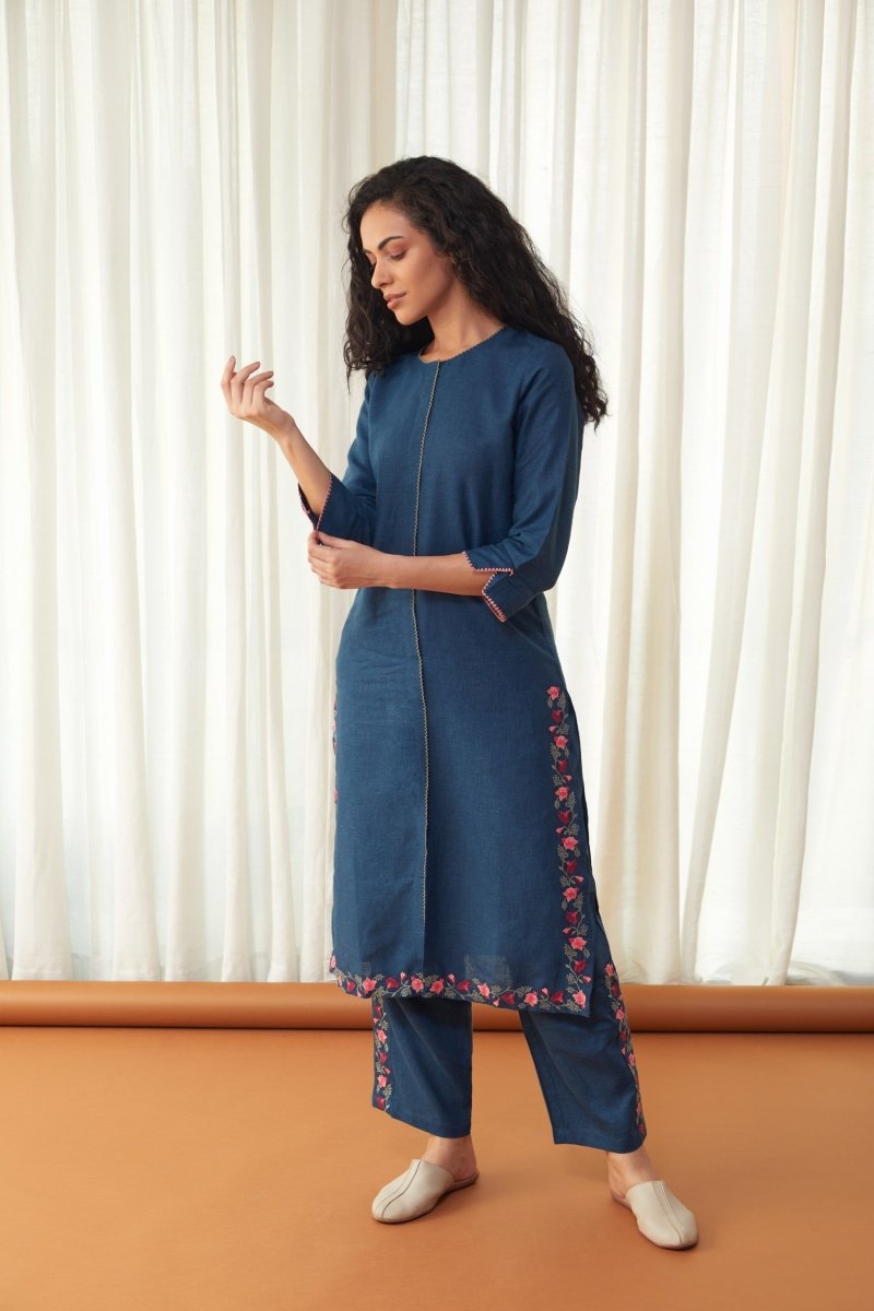 Blue Linen Kurta Set | Verified Sustainable Womens Kurta on Brown Living™