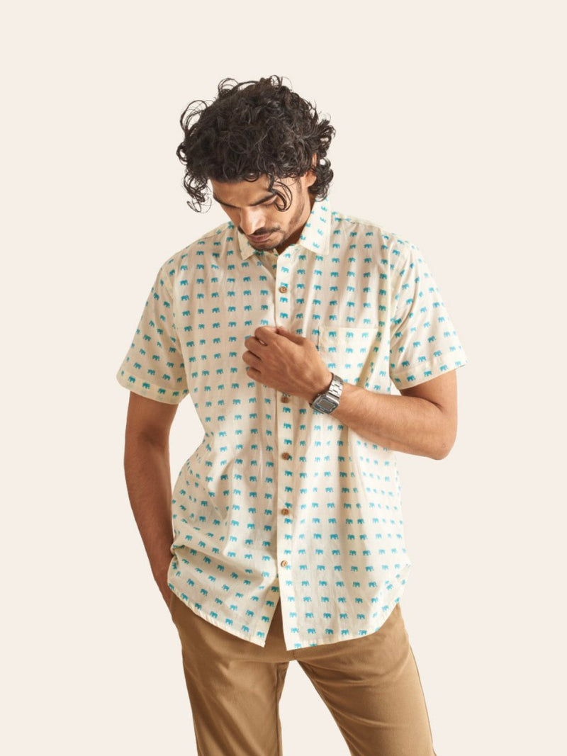 Buy Blue Mini Elephant Printed Cotton Shirt | Shop Verified Sustainable Mens Shirt on Brown Living™