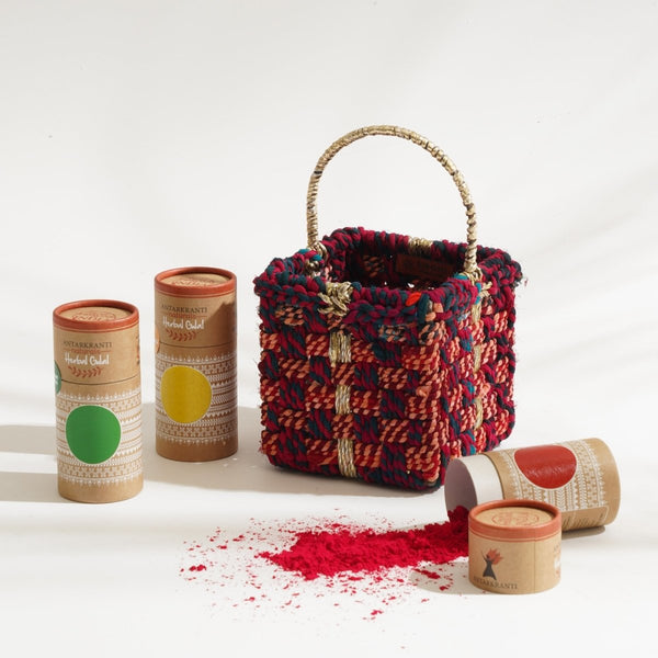 Buy Cerise Holi Gift Hamper | Set of 4 | Handcrafted Basket | Organic Colors | Shop Verified Sustainable Gift on Brown Living™