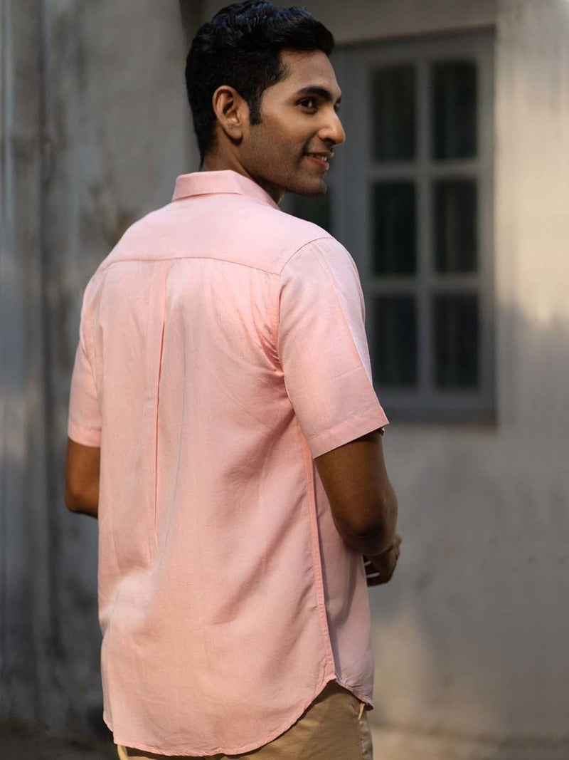 Buy Charm Pink Half Sleeve Shirt in TENCEL™ Lyocell Linen | Shop Verified Sustainable Mens Shirt on Brown Living™